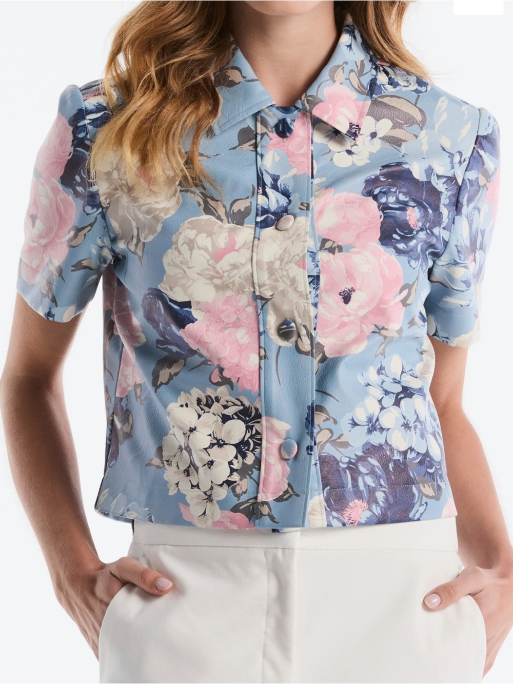 Laundry By Shelli Segal Light Blue Floral Button-Down Top with Pink Accents